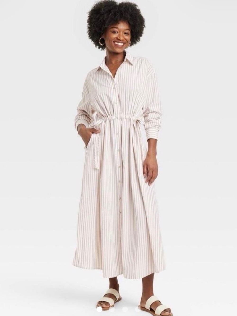 Universal Thread Cream and Tan Striped Maxi Shirt Dress